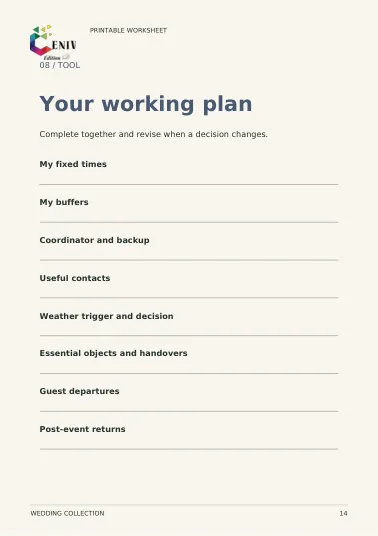 Your wedding day, simplified — Fiche / Worksheet