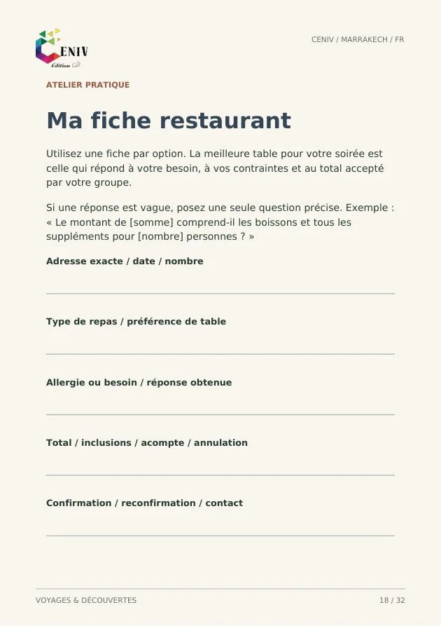Marrakech : où dormir, manger et sortir — Fiche / Worksheet